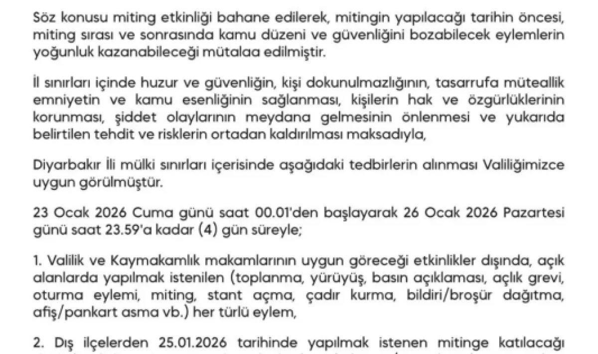 Diyarbakır’da Güvenlik Gerekçesiyle Toplantı ve Yürüyüşlere Dört Günlük Yasak